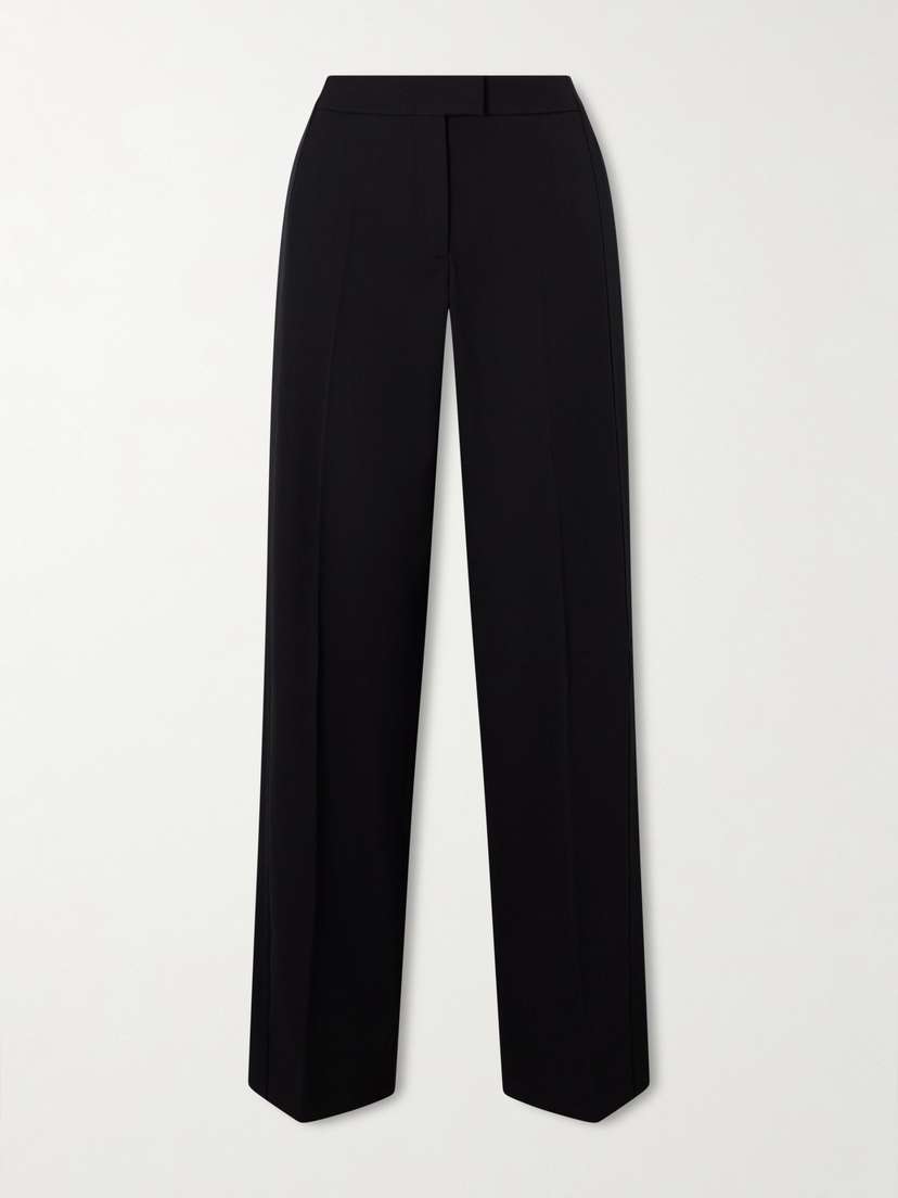 Another Tomorrow Pleated Satin-trimmed Wool-blend Twill Wide-leg Pants