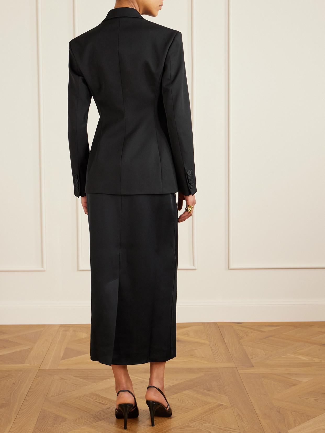 Another Tomorrow Double-breasted Satin-trimmed Wool-blend Twill Blazer In Black