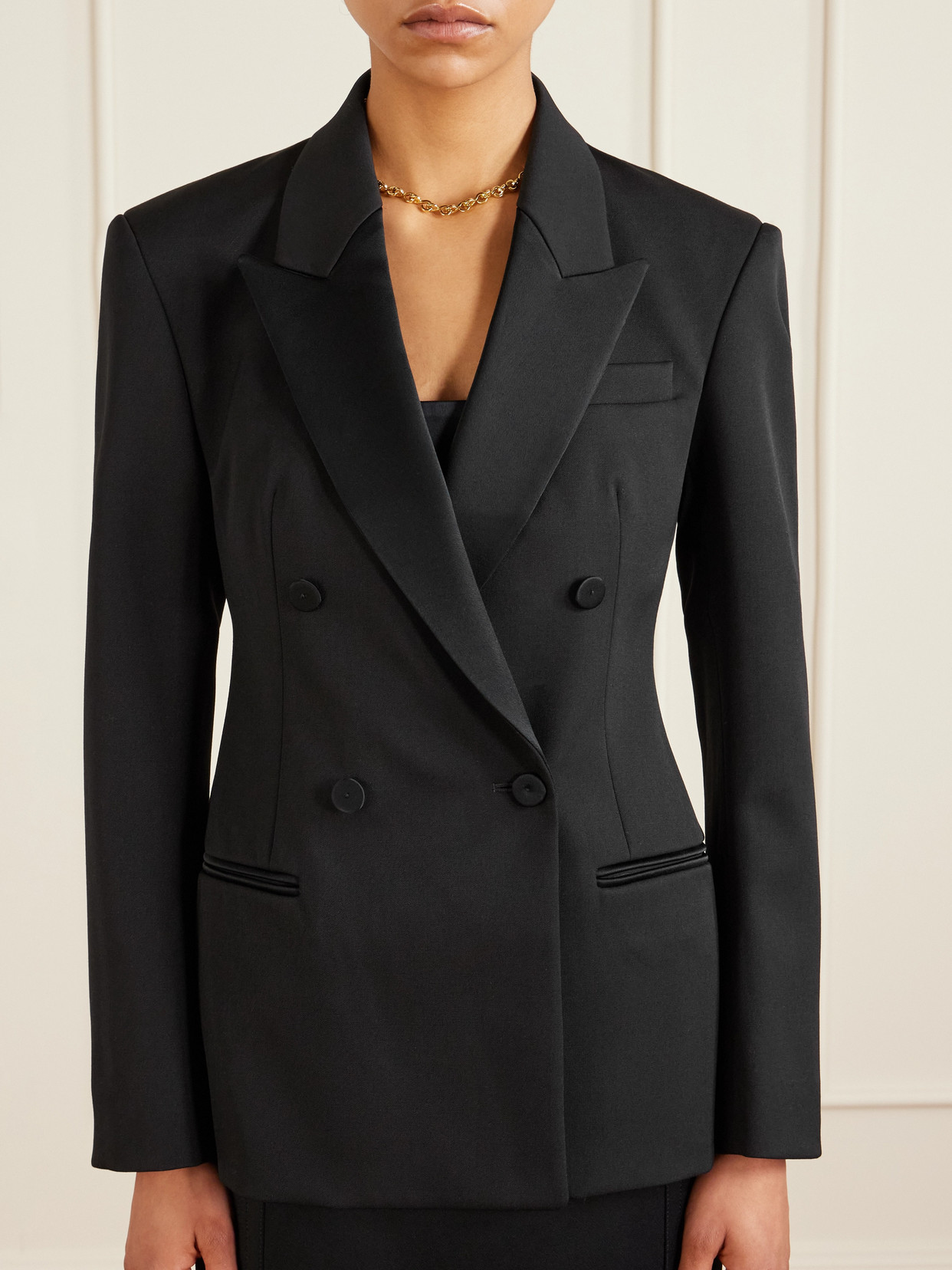 Another Tomorrow Double-breasted Satin-trimmed Wool-blend Twill Blazer In Black