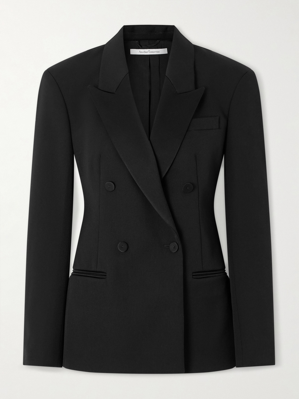 Another Tomorrow Double-breasted Satin-trimmed Wool-blend Twill Blazer In Black