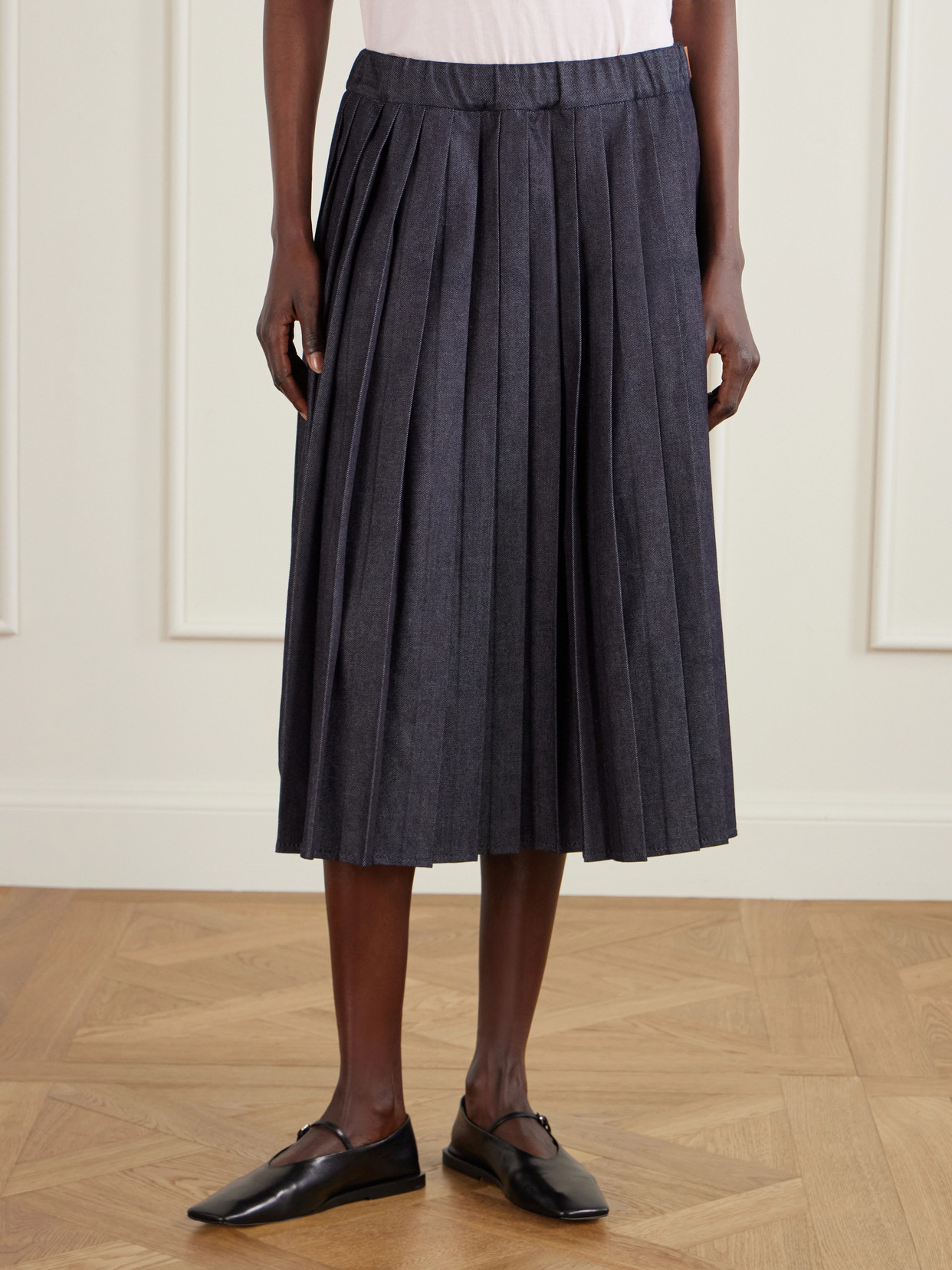 Pleated Denim Midi