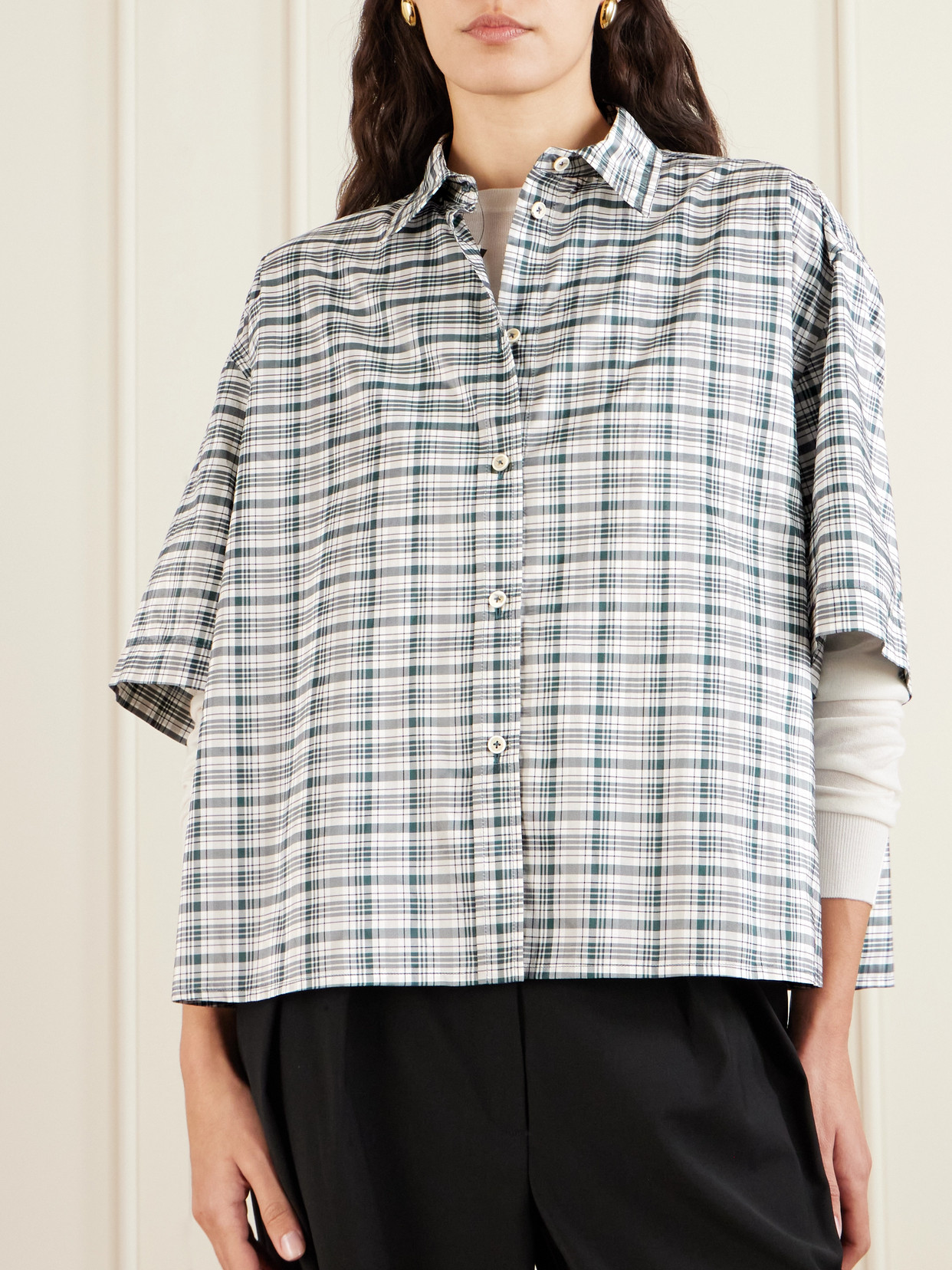 Jil Sander Cropped Checked Silk-blend Shirt In Multi
