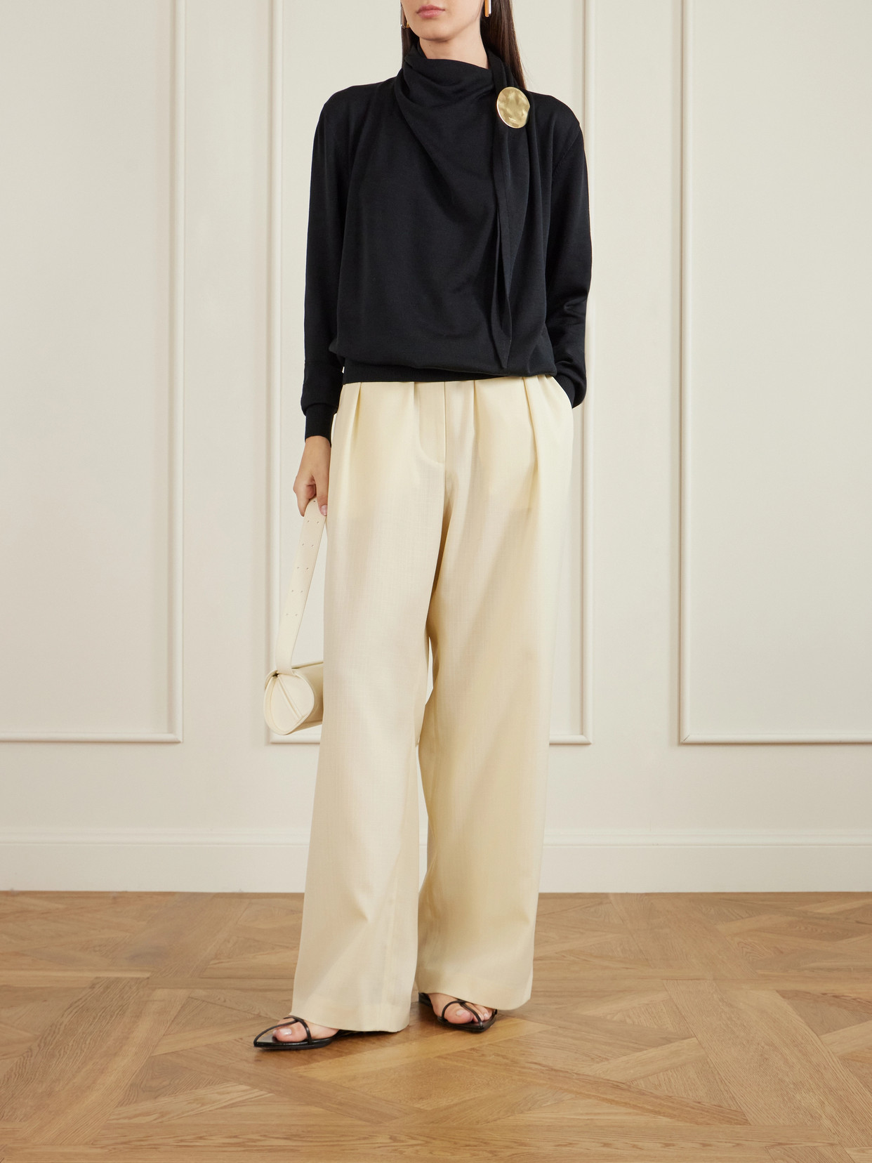 Jil Sander Embellished Scarf-detailed Wool Sweater In Black