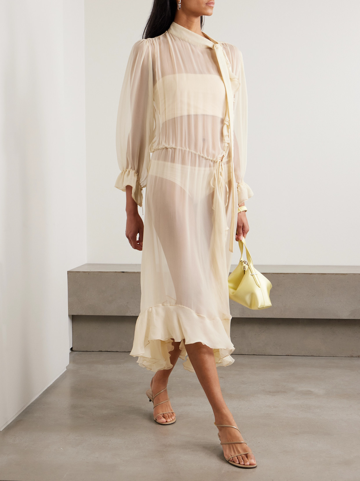 Sharon Wauchob Abae Asymmetric Ruffled Silk-mousseline Midi Dress In Neutral