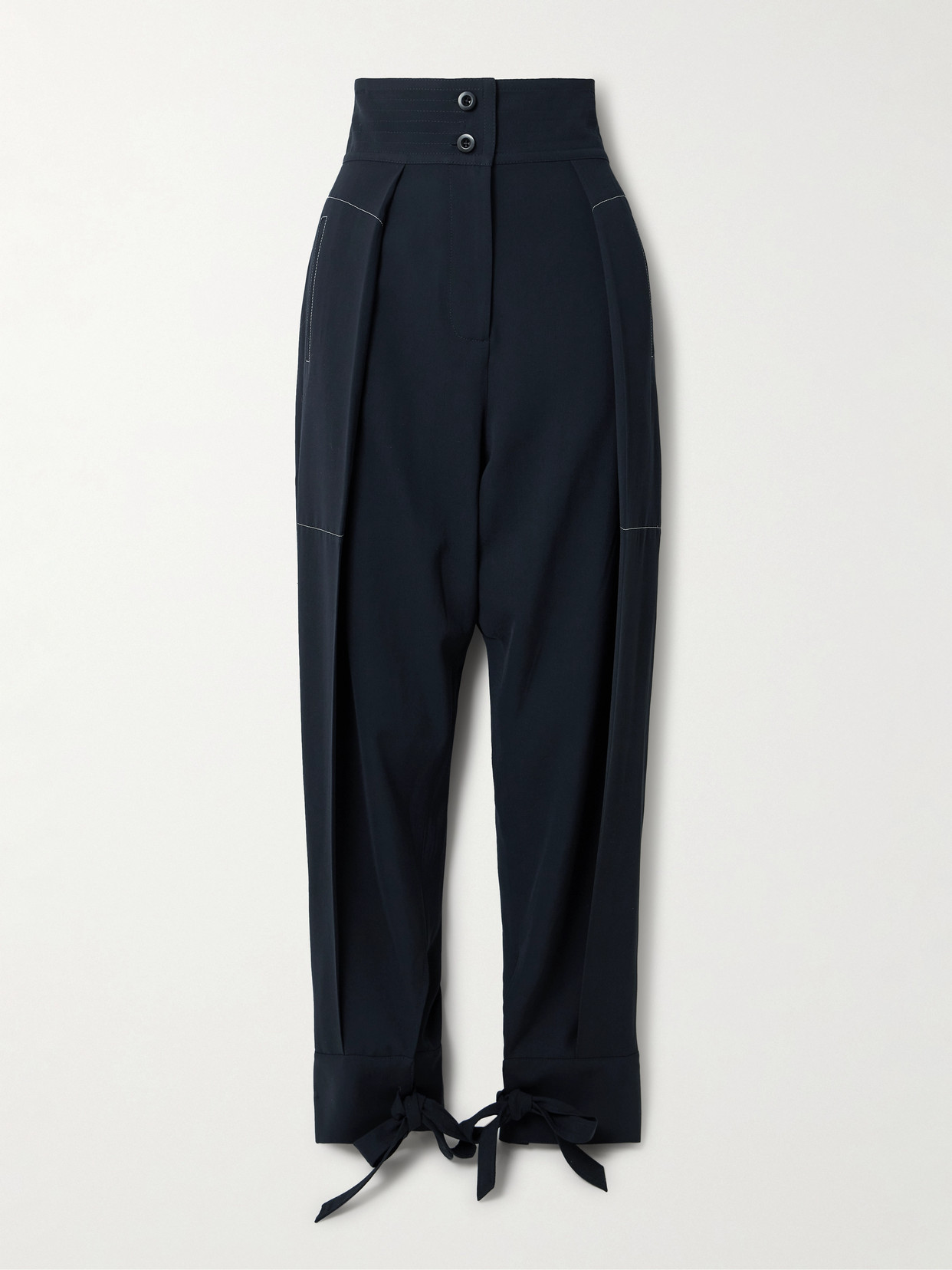 Sharon Wauchob Arch Topstitched Paneled Pleated Wool-twill Tapered Pants In Blue