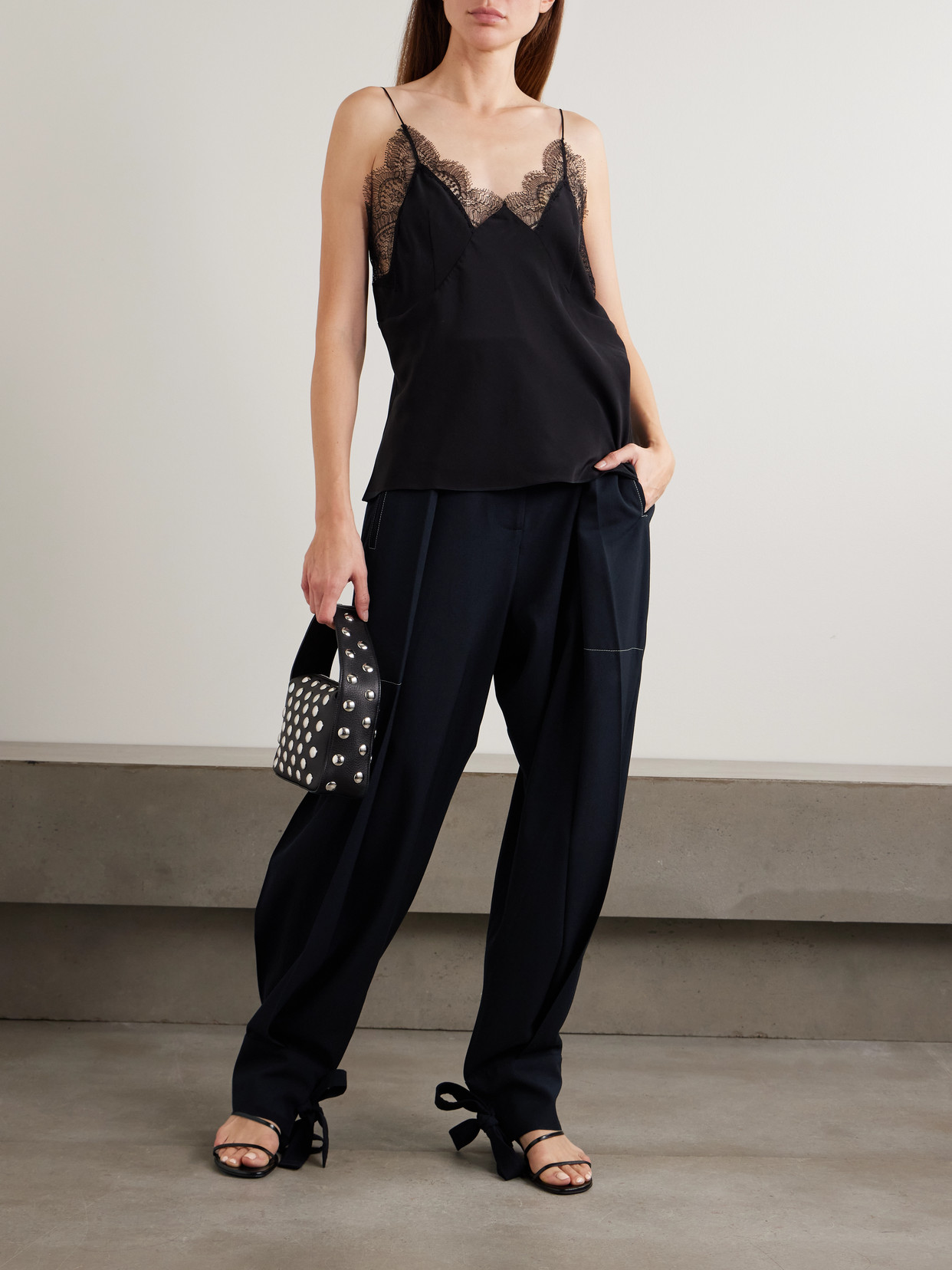 Sharon Wauchob Arch Topstitched Paneled Pleated Wool-twill Tapered Pants In Blue