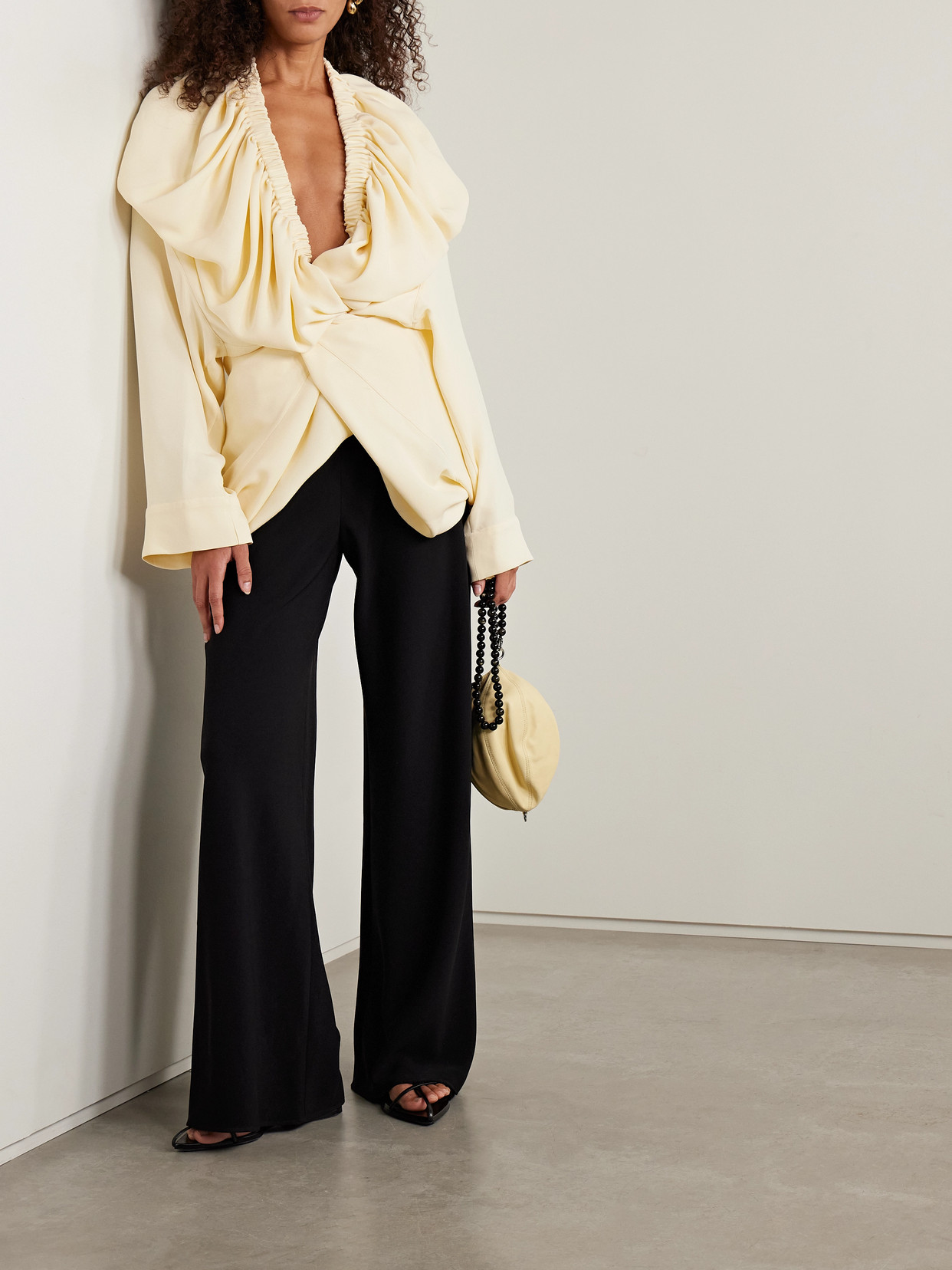 Sharon Wauchob Sata Draped Gathered Wool And Silk-blend Crepe Wrap Blouse In Yellow