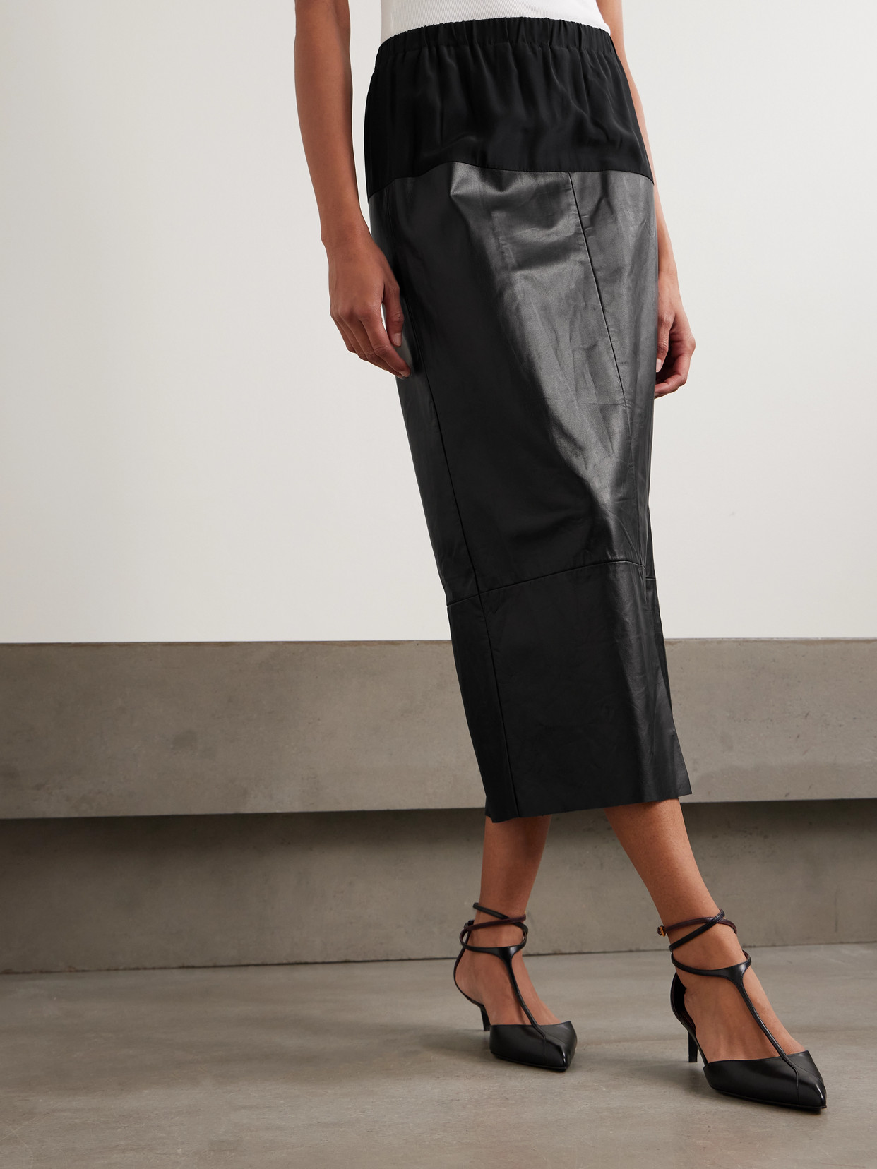 Sharon Wauchob Laure Paneled Silk-jersey And Leather Midi Skirt In Black