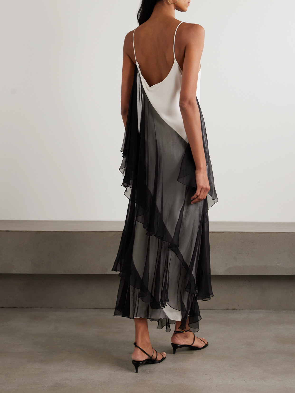 Sharon Wauchob Megara Asymmetric Ruffled Two-tone Silk Crepe De Chine And Crepon Midi Dress In Black