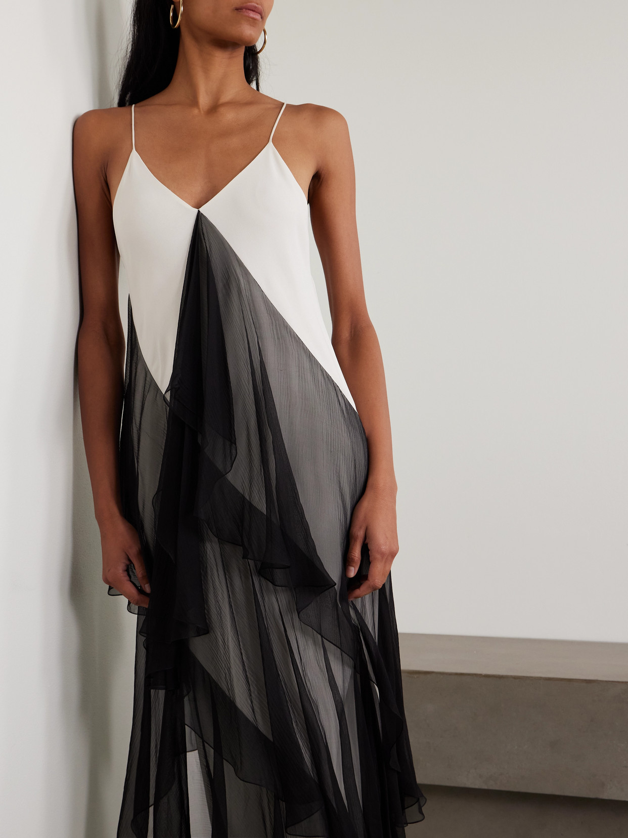 Sharon Wauchob Megara Asymmetric Ruffled Two-tone Silk Crepe De Chine And Crepon Midi Dress In Black