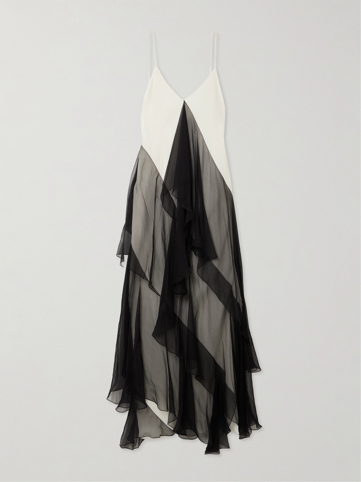 Sharon Wauchob Megara Asymmetric Ruffled Two-tone Silk Crepe De Chine And Crepon Midi Dress In Black