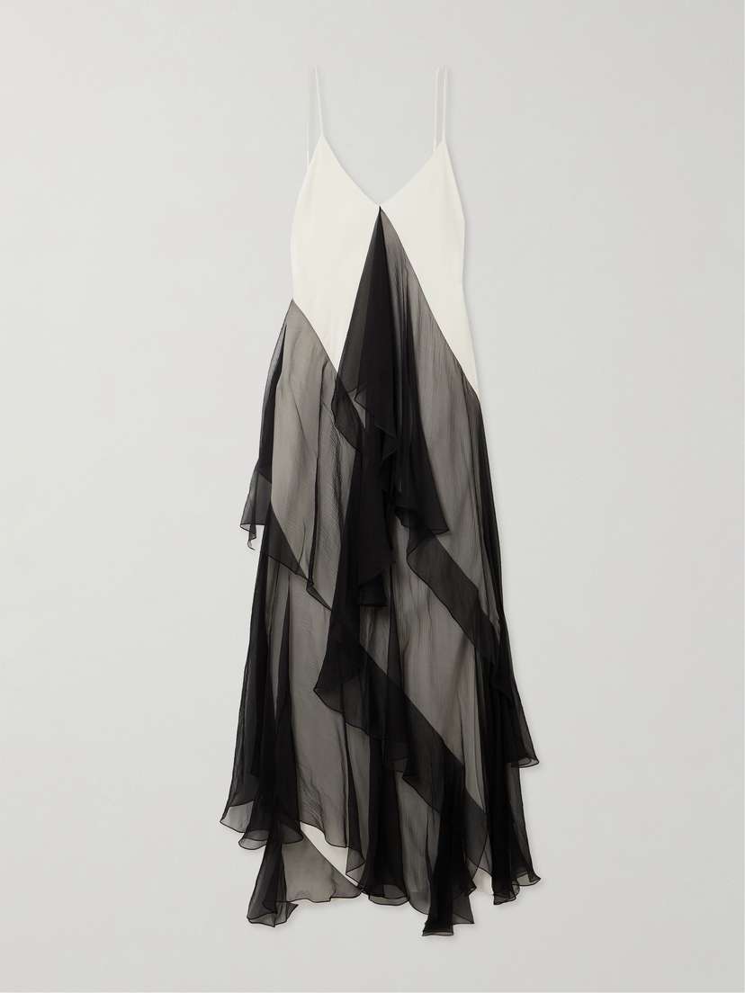 Sharon Wauchob Megara Asymmetric Ruffled Two-tone Silk Crepe De Chine And Crepon Midi Dress