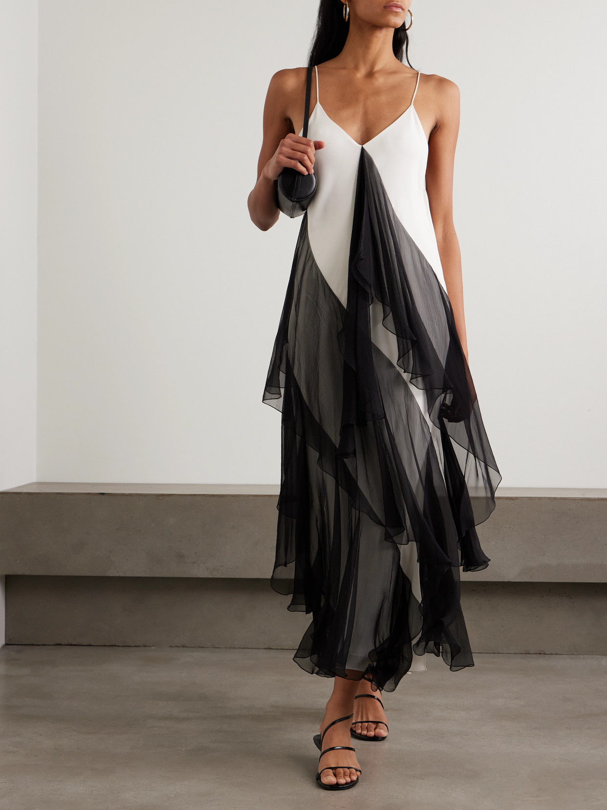 Sharon Wauchob Megara Asymmetric Ruffled Two-tone Silk Crepe De Chine And Crepon Midi Dress In Black