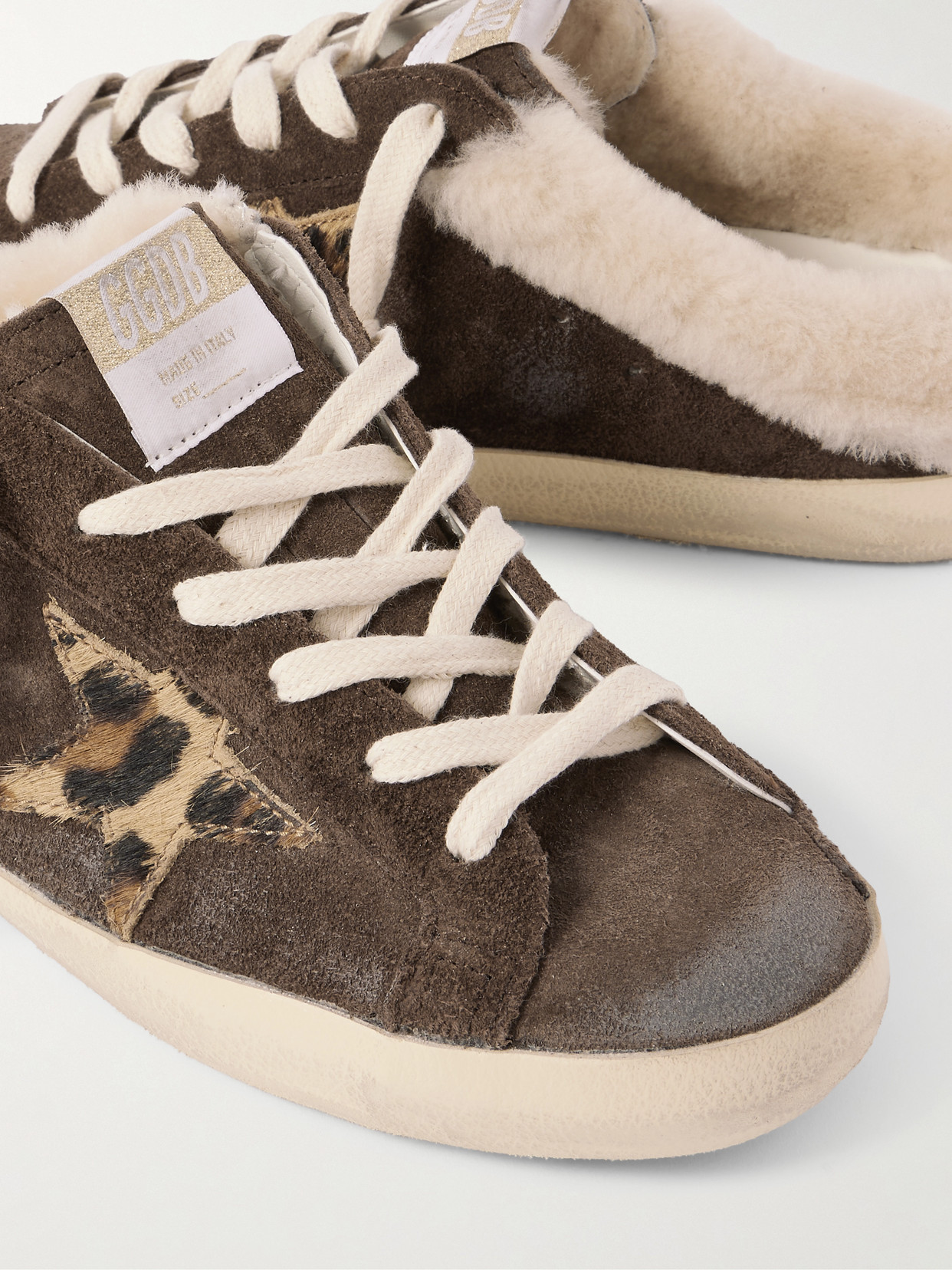 Golden Goose Super-star Sabot Shearling-lined Calf Hair-trimmed Distressed Suede Slip-on Sneakers In Brown