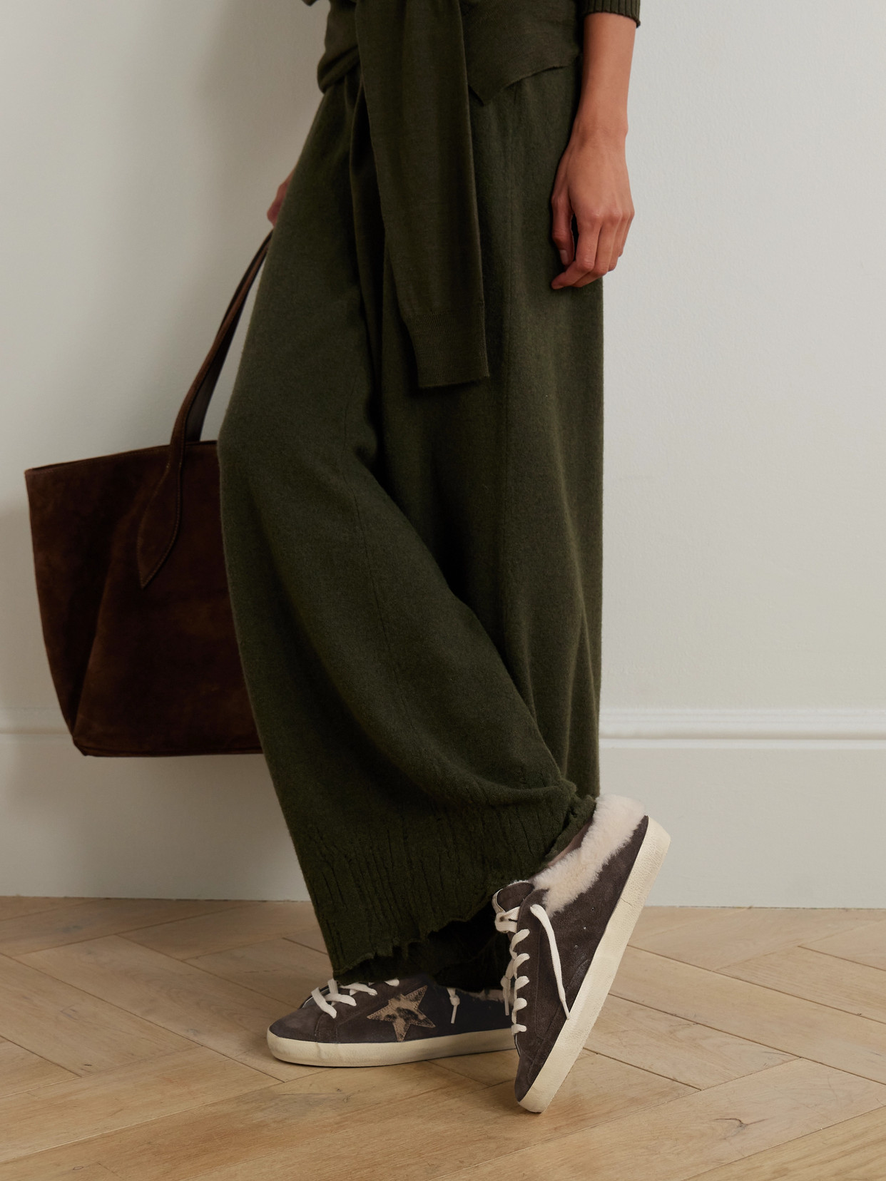 Golden Goose Super-star Sabot Shearling-lined Calf Hair-trimmed Distressed Suede Slip-on Sneakers In Brown
