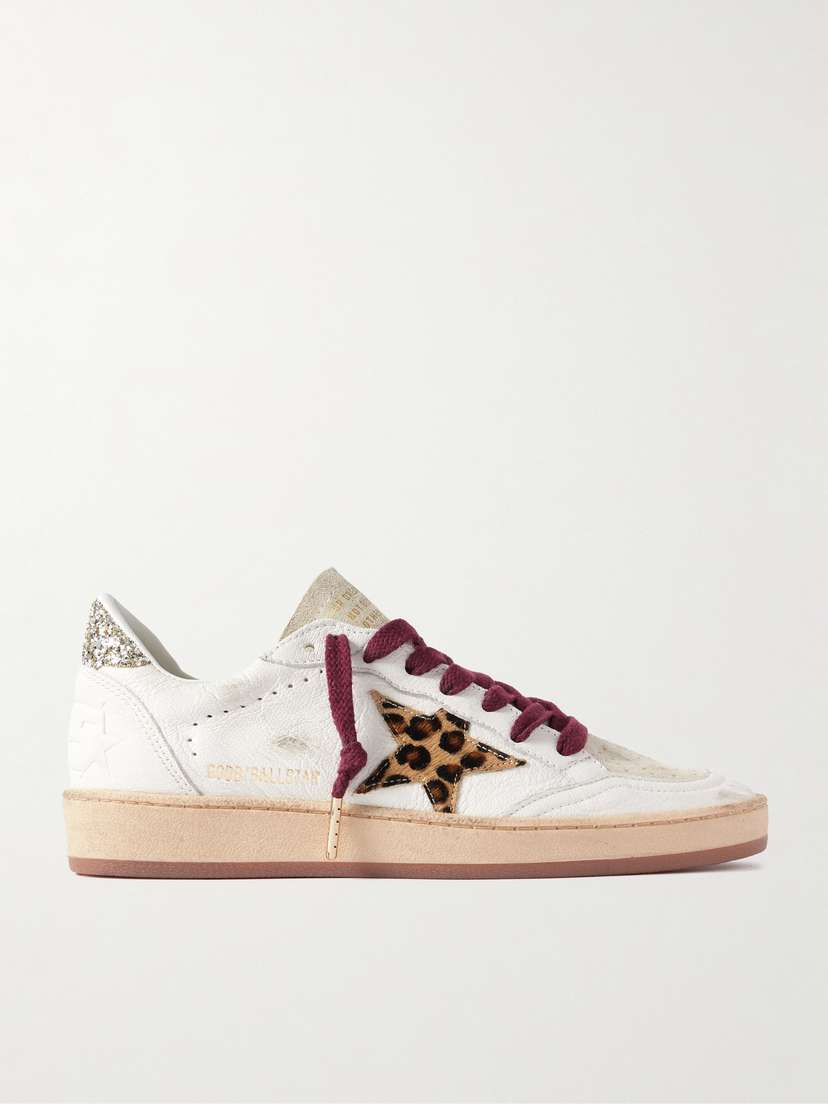 Golden Goose Ball Star Distressed Glittered Calf Hair And Suede-trimmed Leather Sneakers