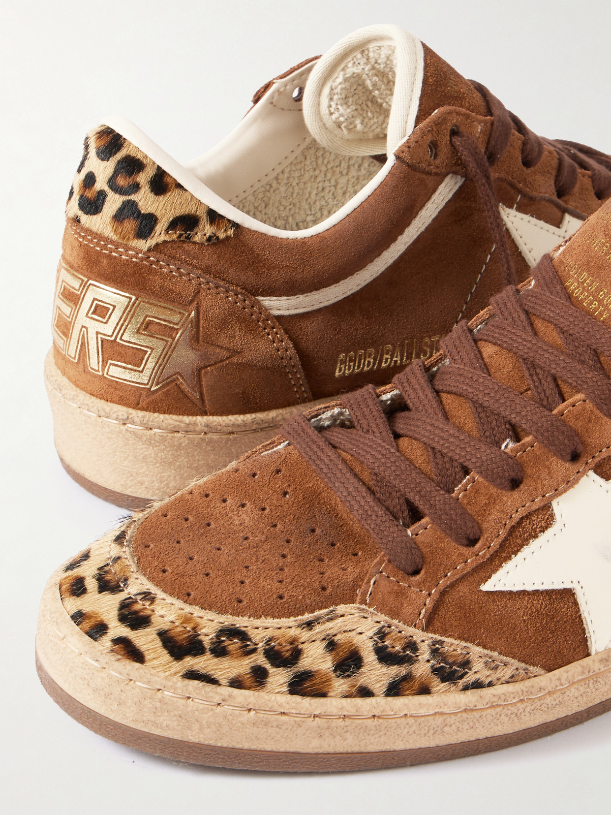Golden Goose Sneaker Ballstar Low Top With Star Patch With Glitter And Animalier Print In Brown Suede For Women