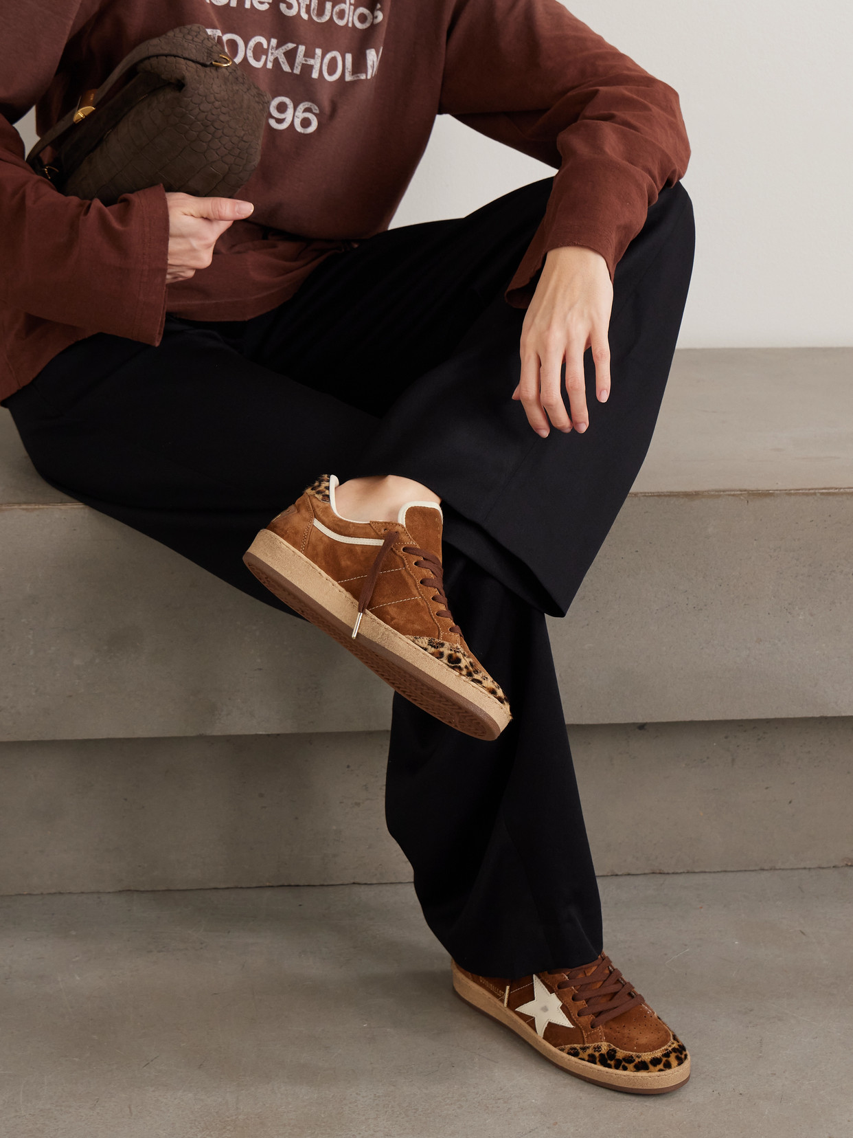 Golden Goose Sneaker Ballstar Low Top With Star Patch With Glitter And Animalier Print In Brown Suede For Women