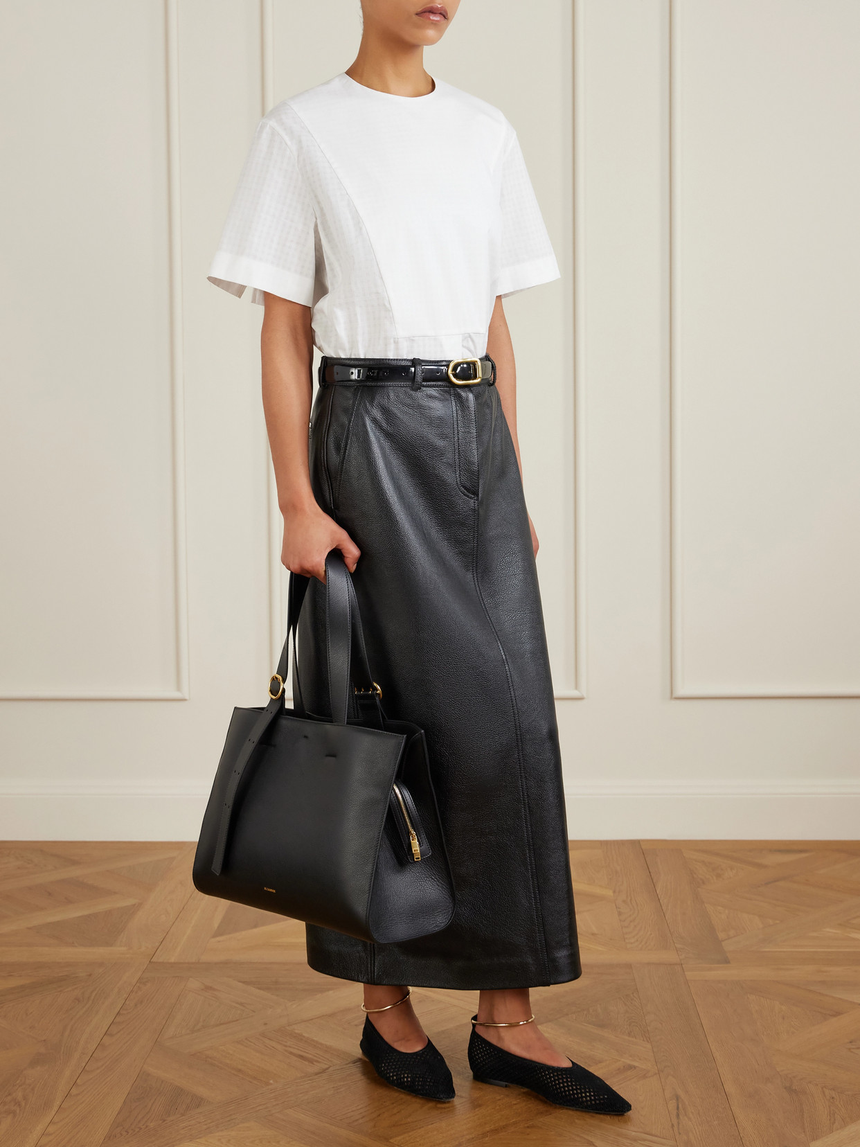 Jil Sander Black Shopping Rectangular Leather Tote In Black