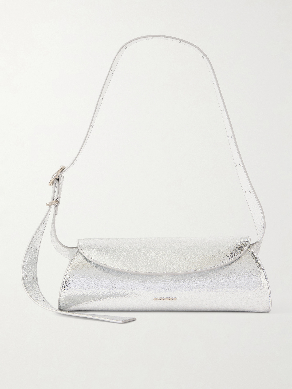 Jil Sander Crinkled Metallic Leather Shoulder Bag In Silver
