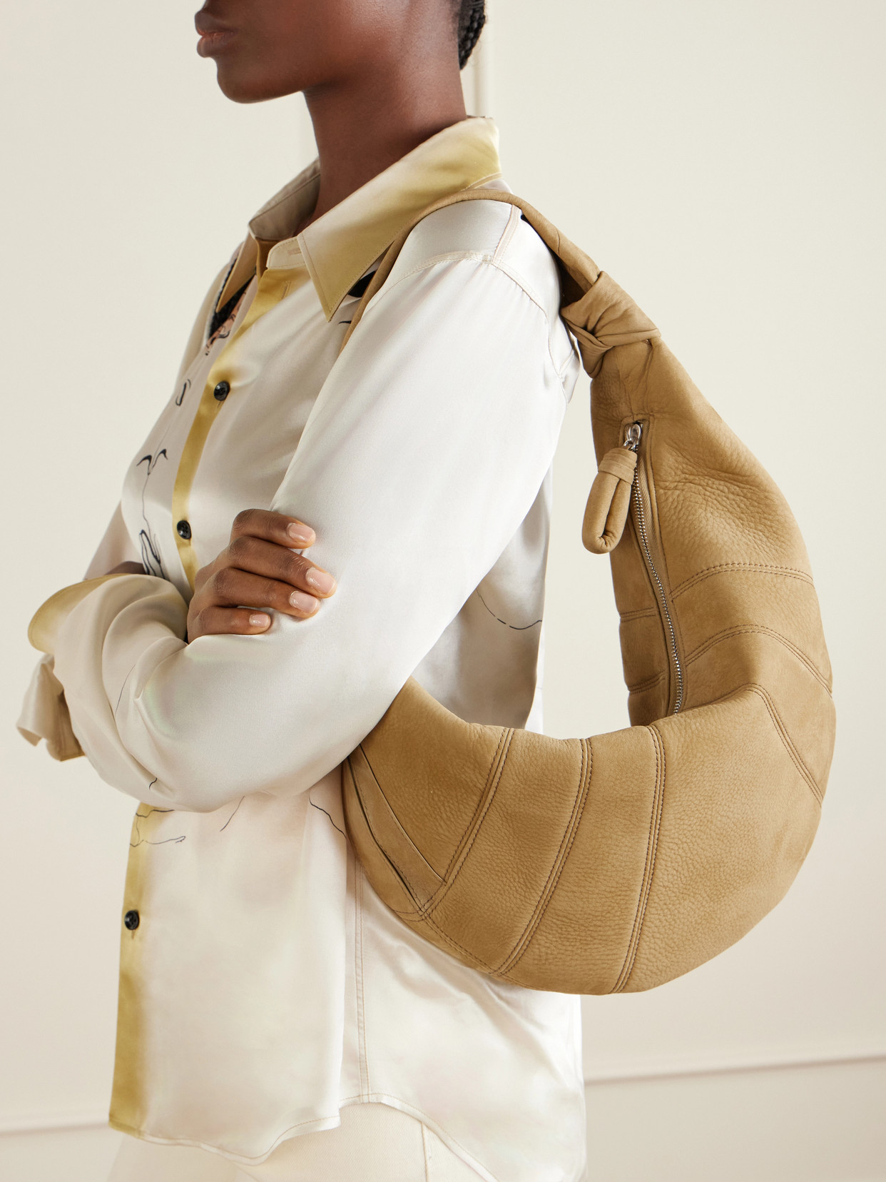 Fortune Croissant Paneled Nubuck Shoulder Bag