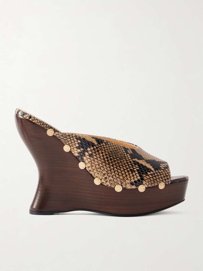 Magda Butrym Studded Snake-effect Leather Wedge Mules