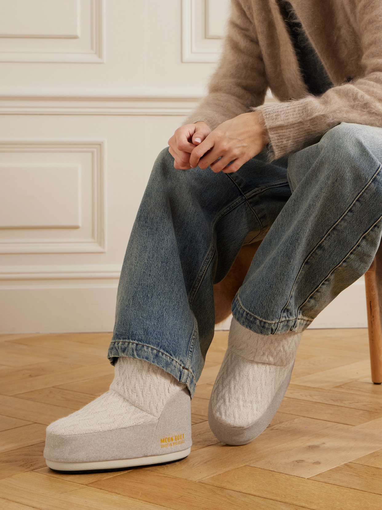 Moon Boot + Guest In Residence Icon Low Felt-trimmed Knitted Snow Boots In White