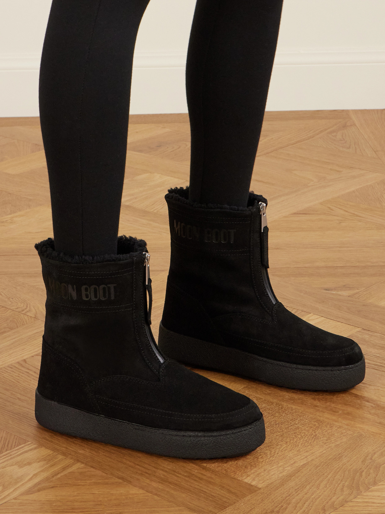 Moon Boot Ltrack Lara Zip-front Shearling Boots In Black