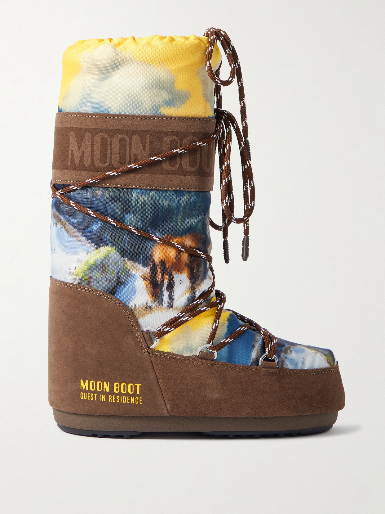 Moon Boot + Guest In Residence Icon Postcard Suede-trimmed Printed Shell Snow Boots In Brown