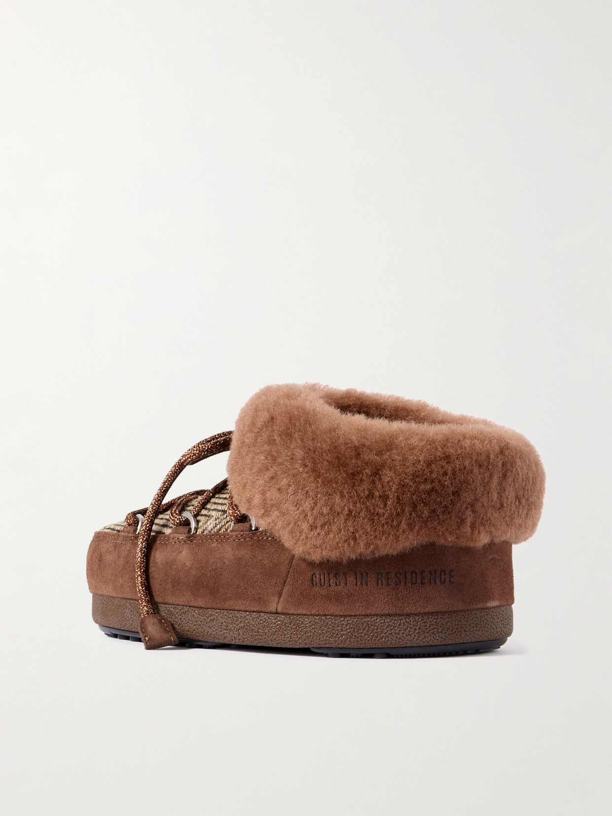 Moon Boot X Guest In Residence Suede Shearling-trim Chalet Mules In Brown