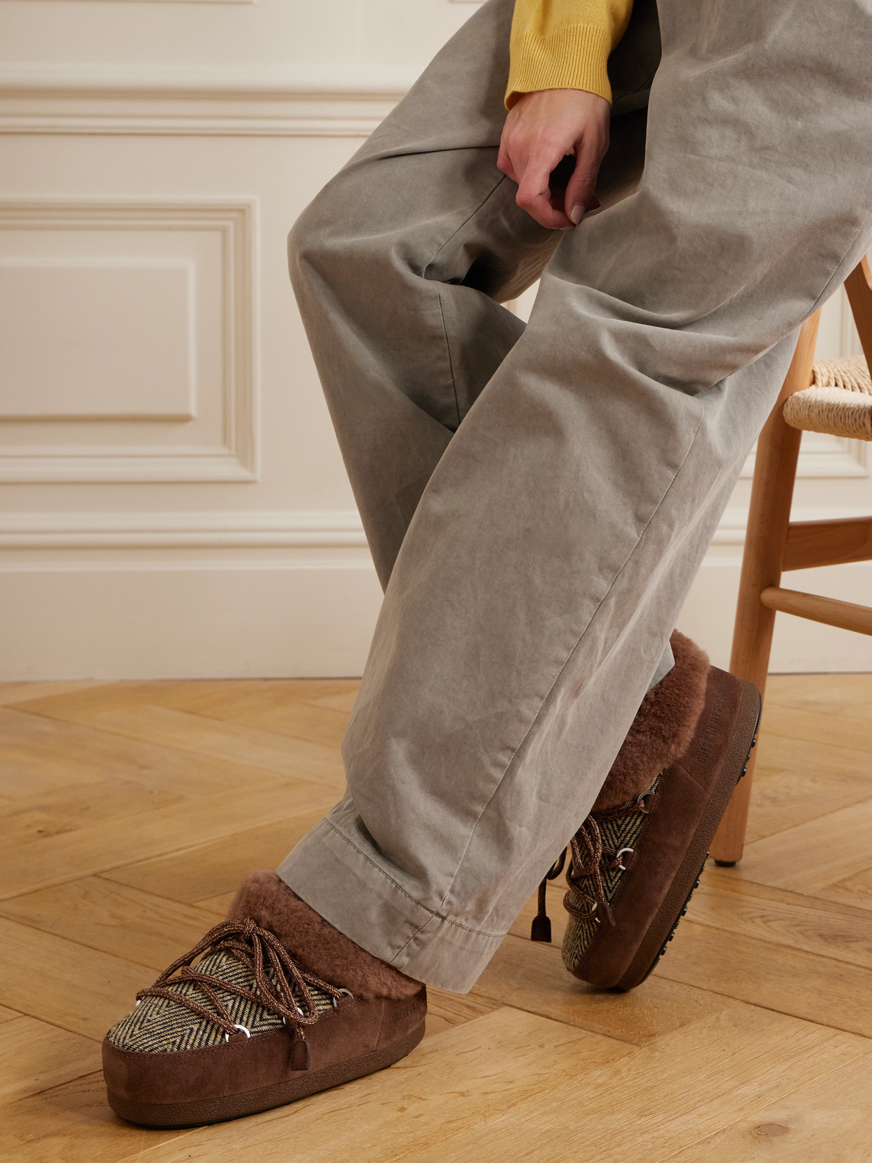 Moon Boot X Guest In Residence Suede Shearling-trim Chalet Mules In Brown