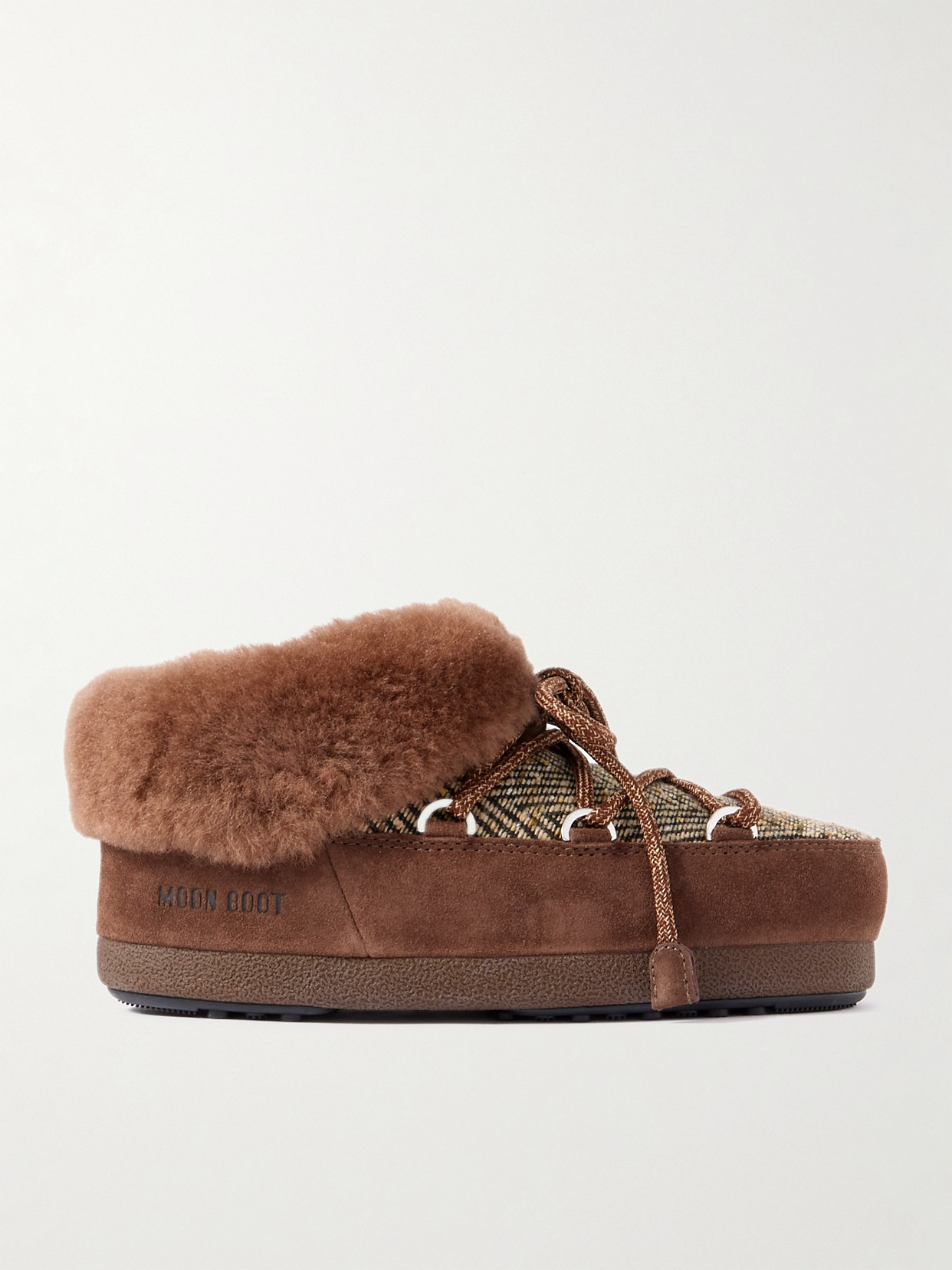 Moon Boot + Guest In Residence Evx Chalet Plush And Suede-trimmed Knitted Platform Mules In Brown