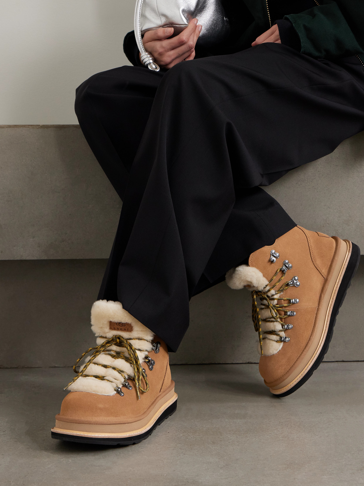 Ugg X Sacai Fur-trim Lace-up Ankle Boots In Brown