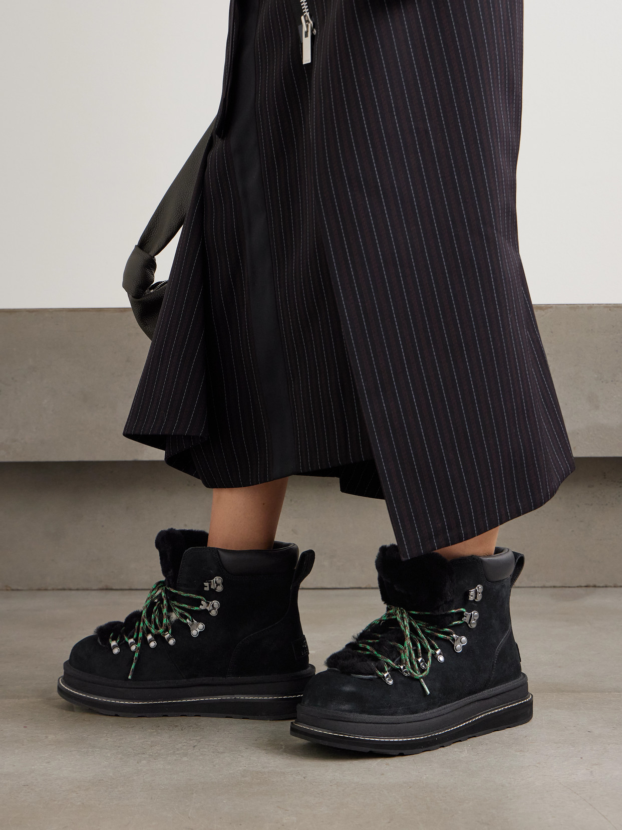 Ugg + Sacai Leather-trimmed Shearling Ankle Boots In Black
