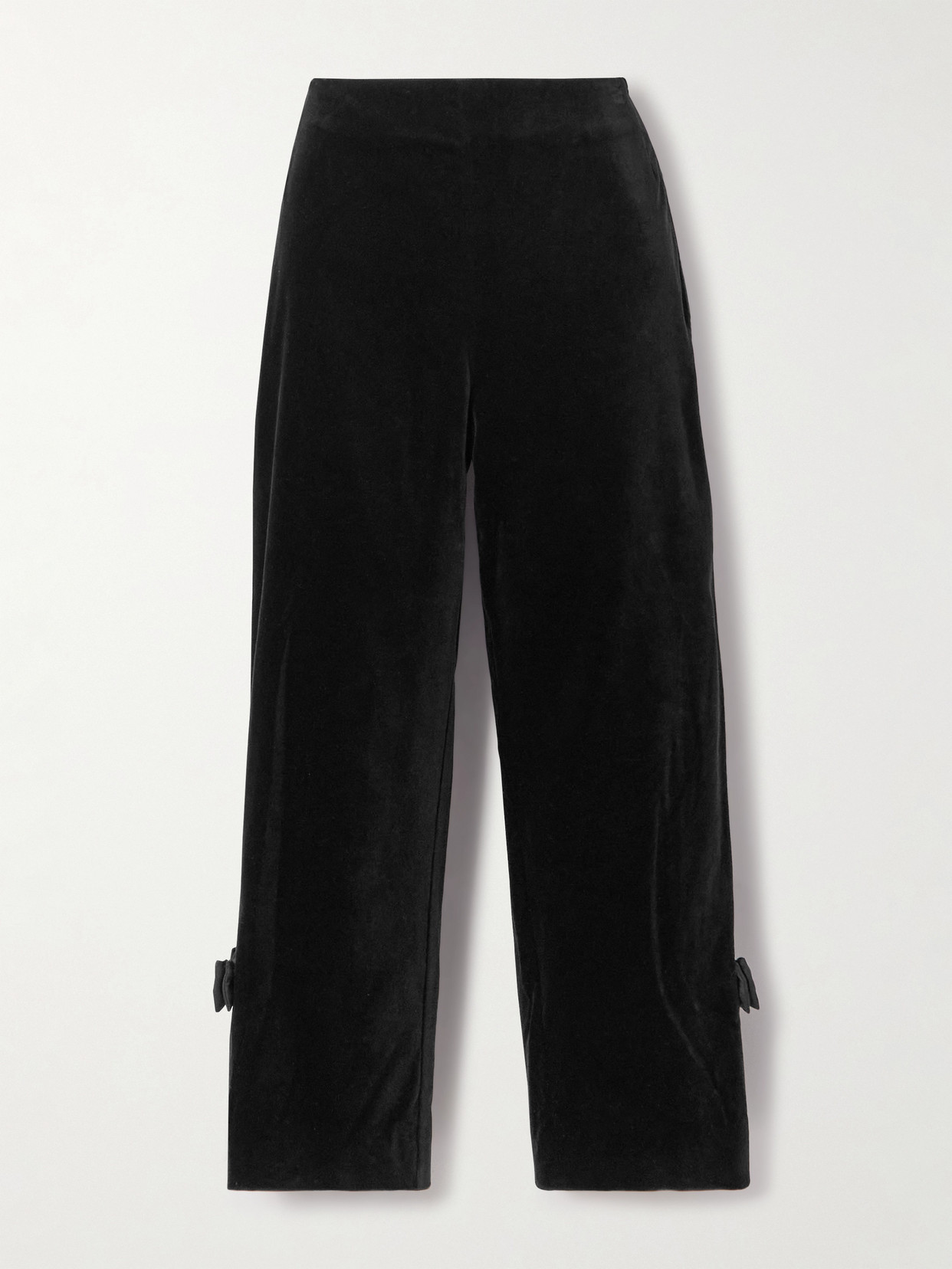 Posse Quincy Cropped Bow-detailed Satin-trimmed Cotton-velvet Slim-leg Pants In Black
