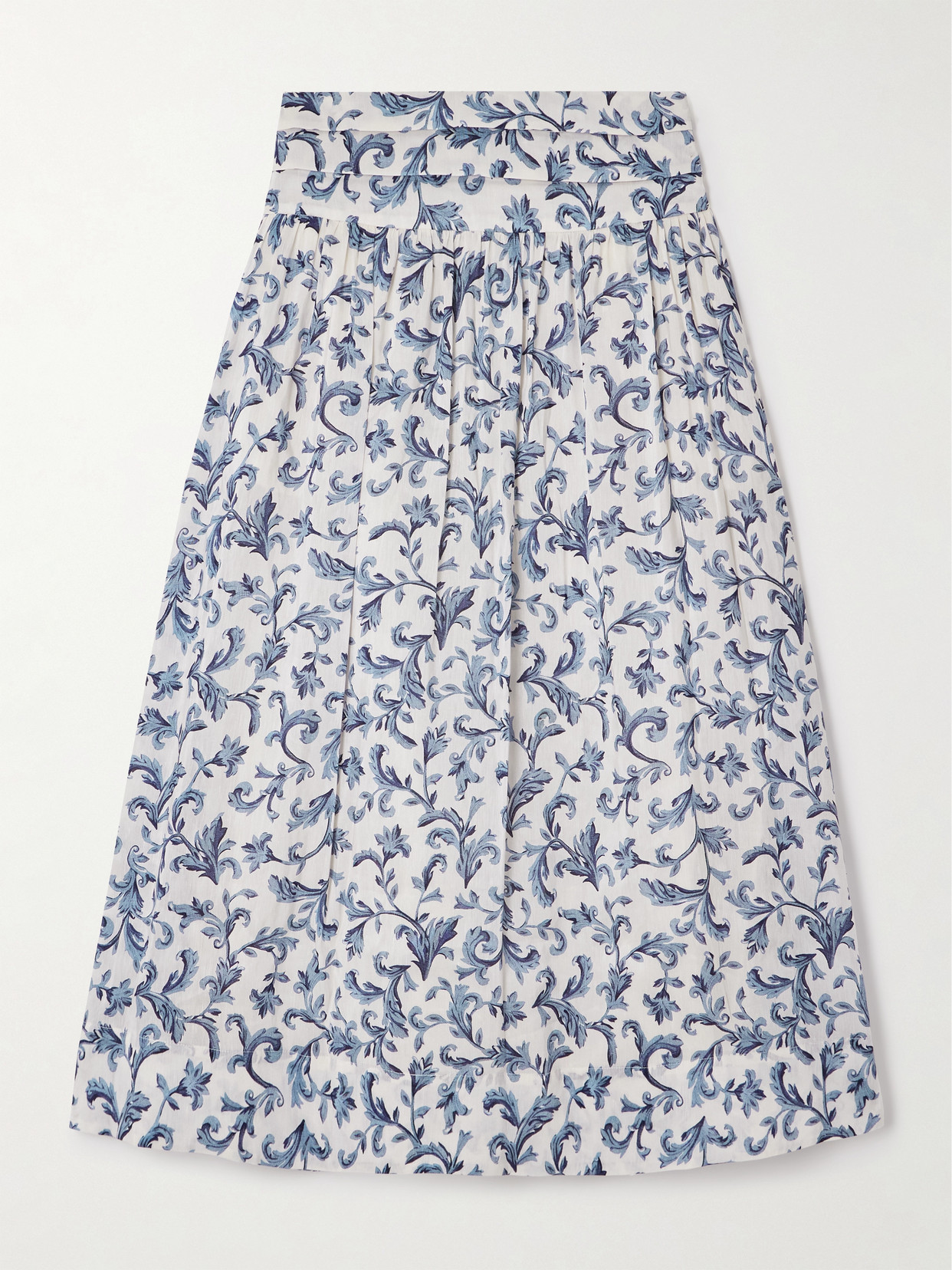 Posse Rue Pleated Printed Linen And Silk-blend Midi Skirt In Blue