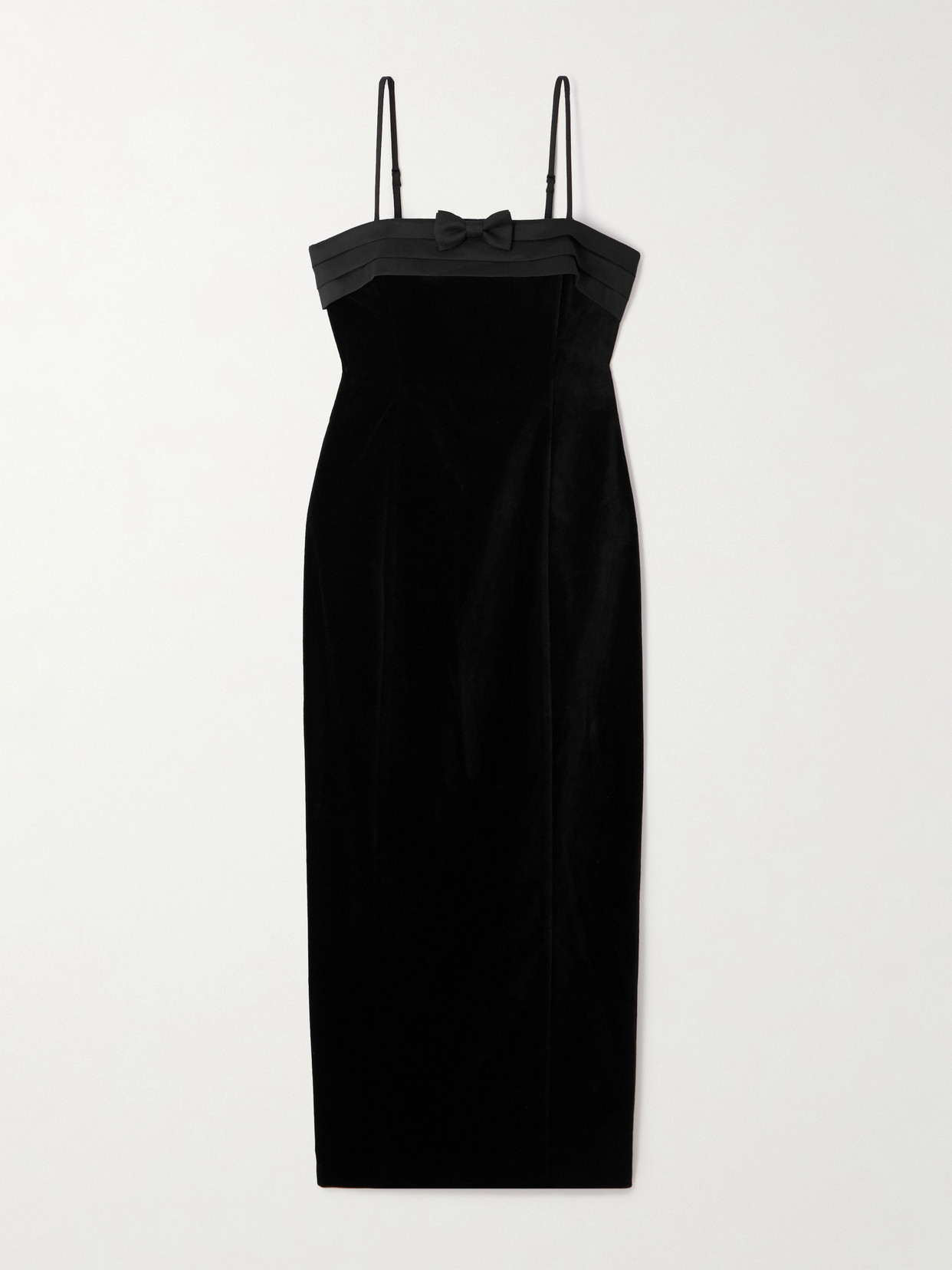 Posse Quincy Pleated Bow-detailed Satin-trimmed Cotton-velvet Midi Dress In Black