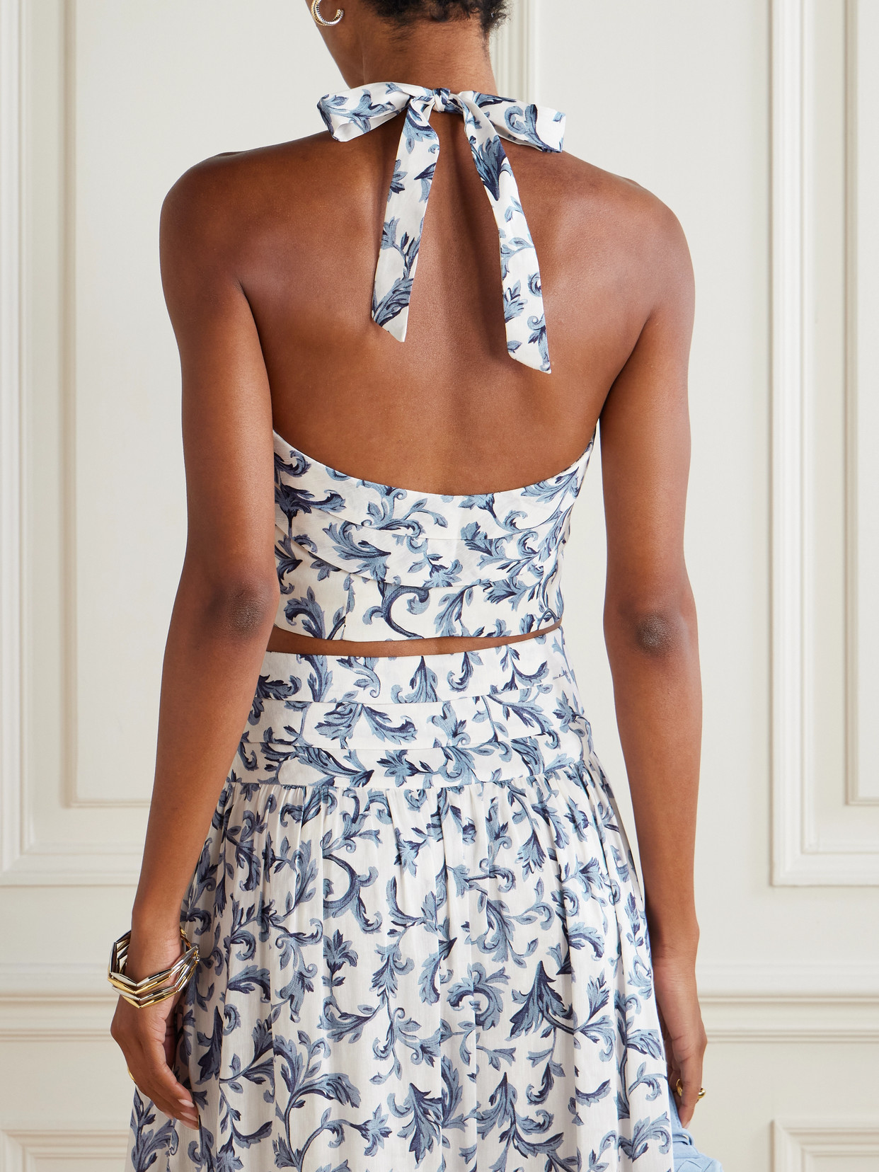 Rue Cropped Pleated Printed Linen And Silk-Blend Halterneck Top
