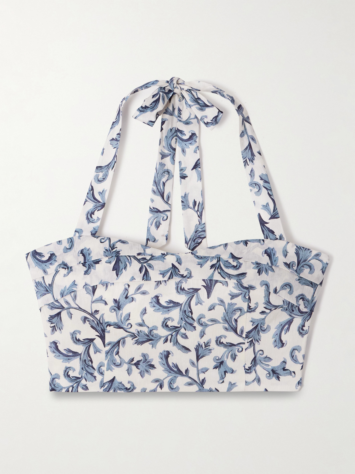 Posse Rue Cropped Pleated Printed Linen And Silk-blend Halterneck Top In Blue