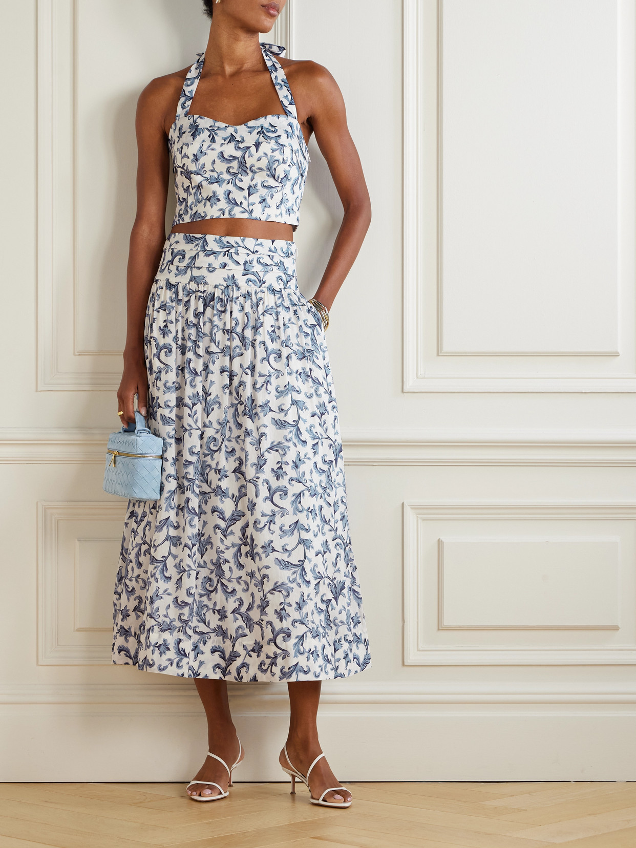 Rue Cropped Pleated Printed Linen And Silk-Blend Halterneck Top