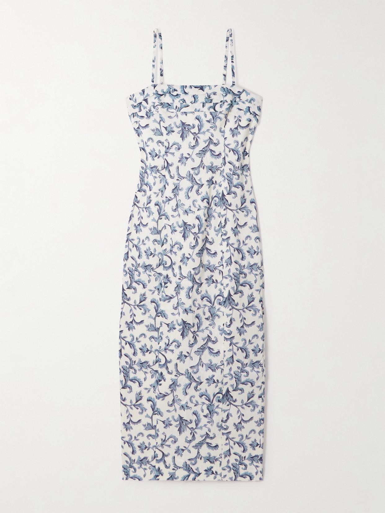Posse Rue Pleated Printed Linen And Silk-blend Midi Dress In Blue