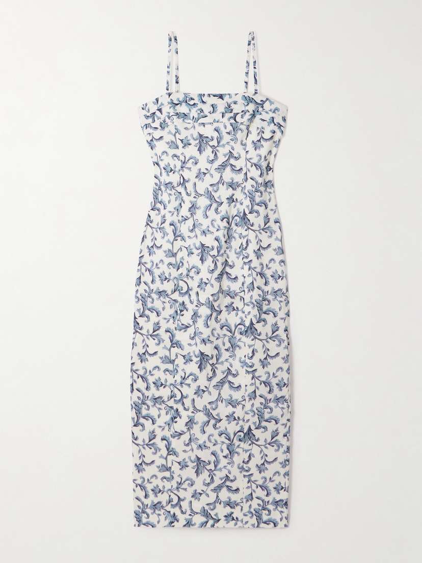 Rue Pleated Printed Linen And Silk-blend Midi Dress