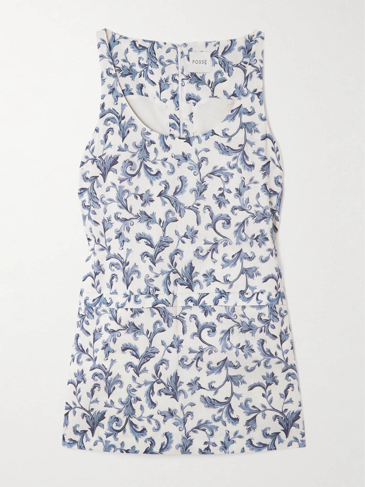Posse Rue Printed Linen And Silk-blend Mini Dress In Blue