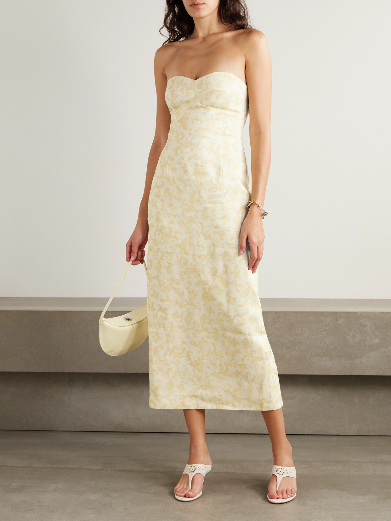 Posse Isla Strapless Floral-print Linen And Silk-blend Midi Dress In Neutral