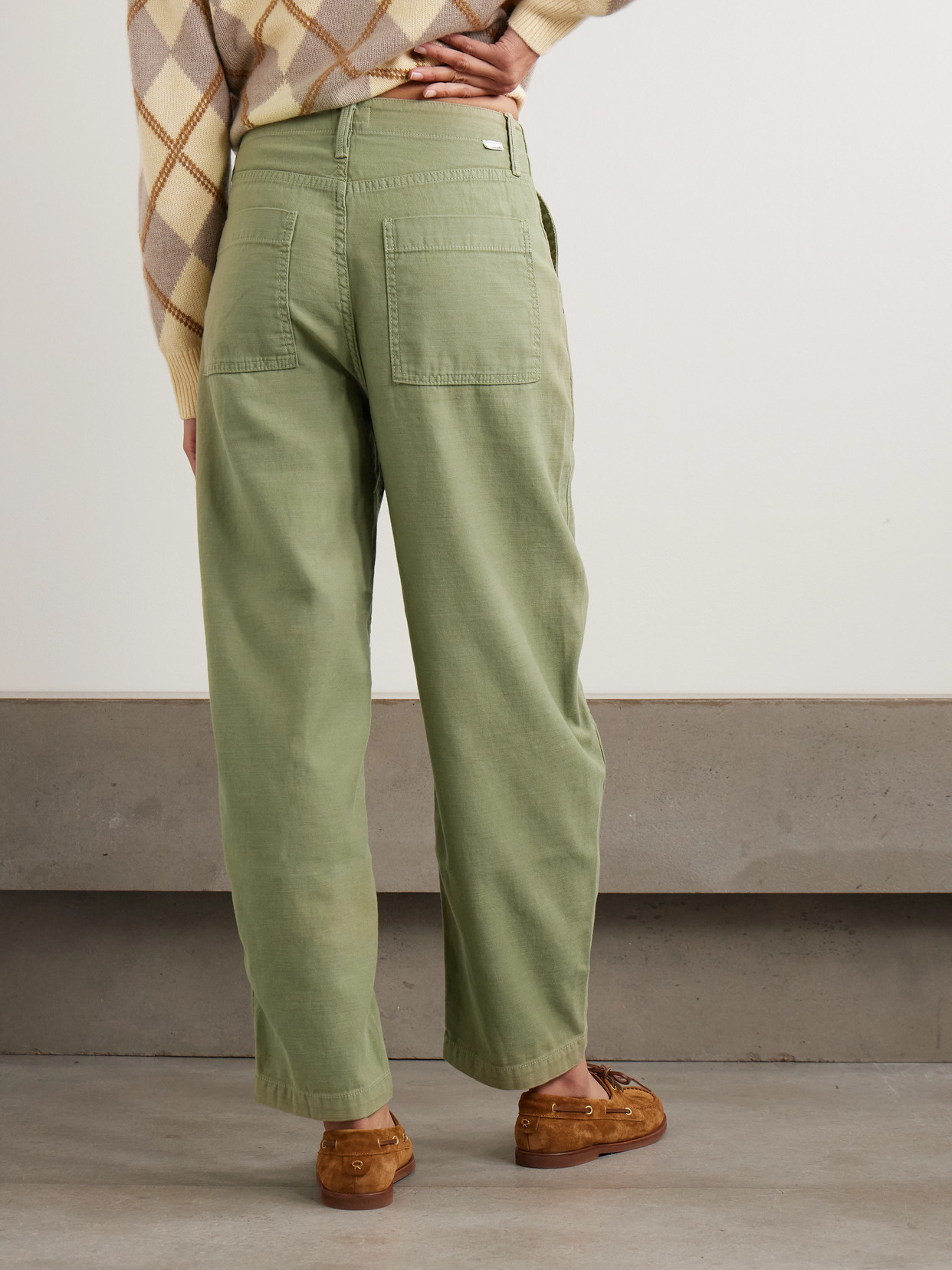 Mother The Fangirl Fatigue Flood Cotton-canvas Barrel-leg Pants In Green