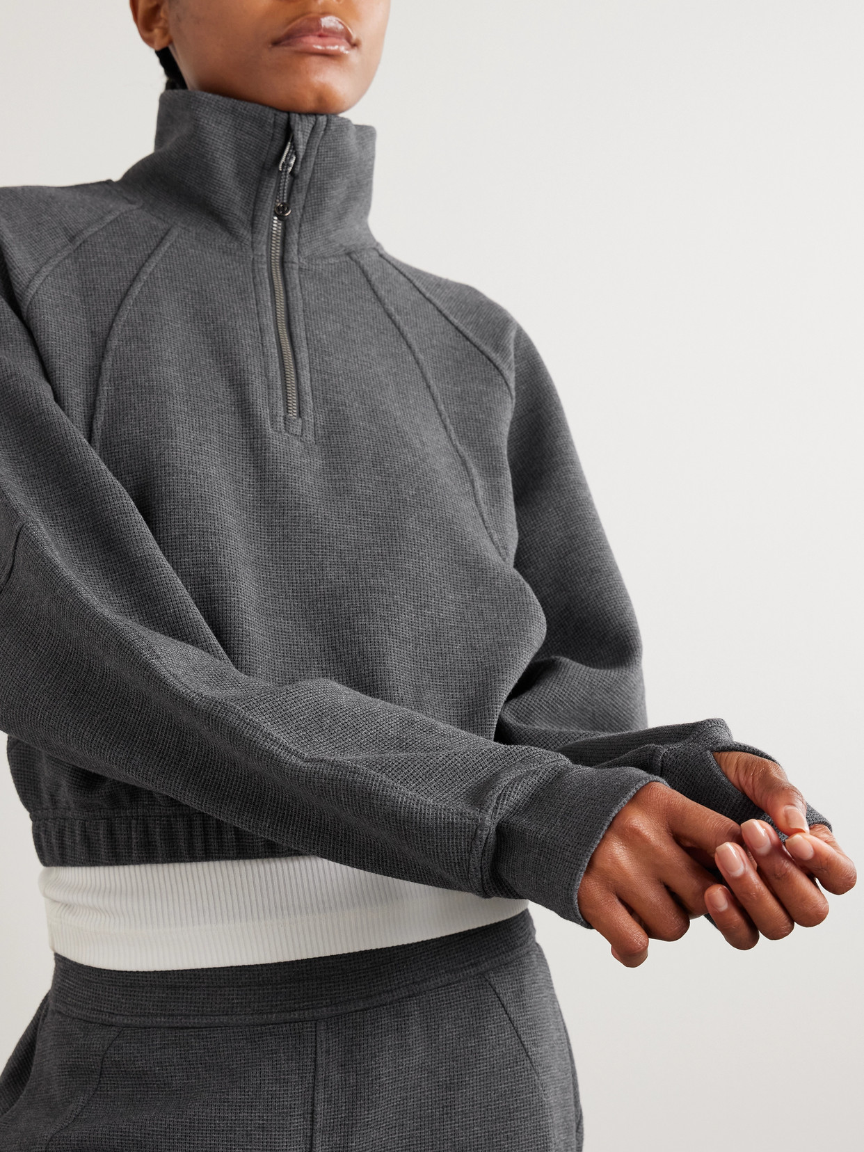 Cropped Waffle-Knit Half-Zip Sweater