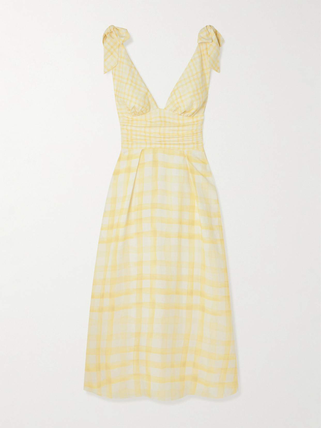 Rosie Assoulin Bow-detailed Checked Lyocell And Linen-blend Midi Dress In Yellow