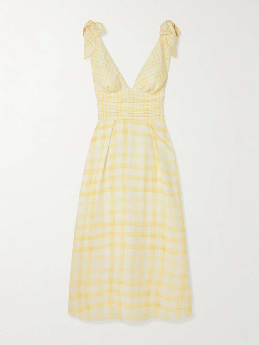 Rosie Assoulin Bow-detailed Checked Lyocell And Linen-blend Midi Dress