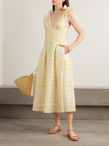 Rosie Assoulin Bow-detailed checked Lyocell and linen-blend midi dress