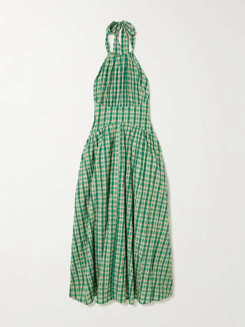 Rosie Assoulin Halter In The Name Of Love Gathered Checked Seersucker Halterneck Midi Dress